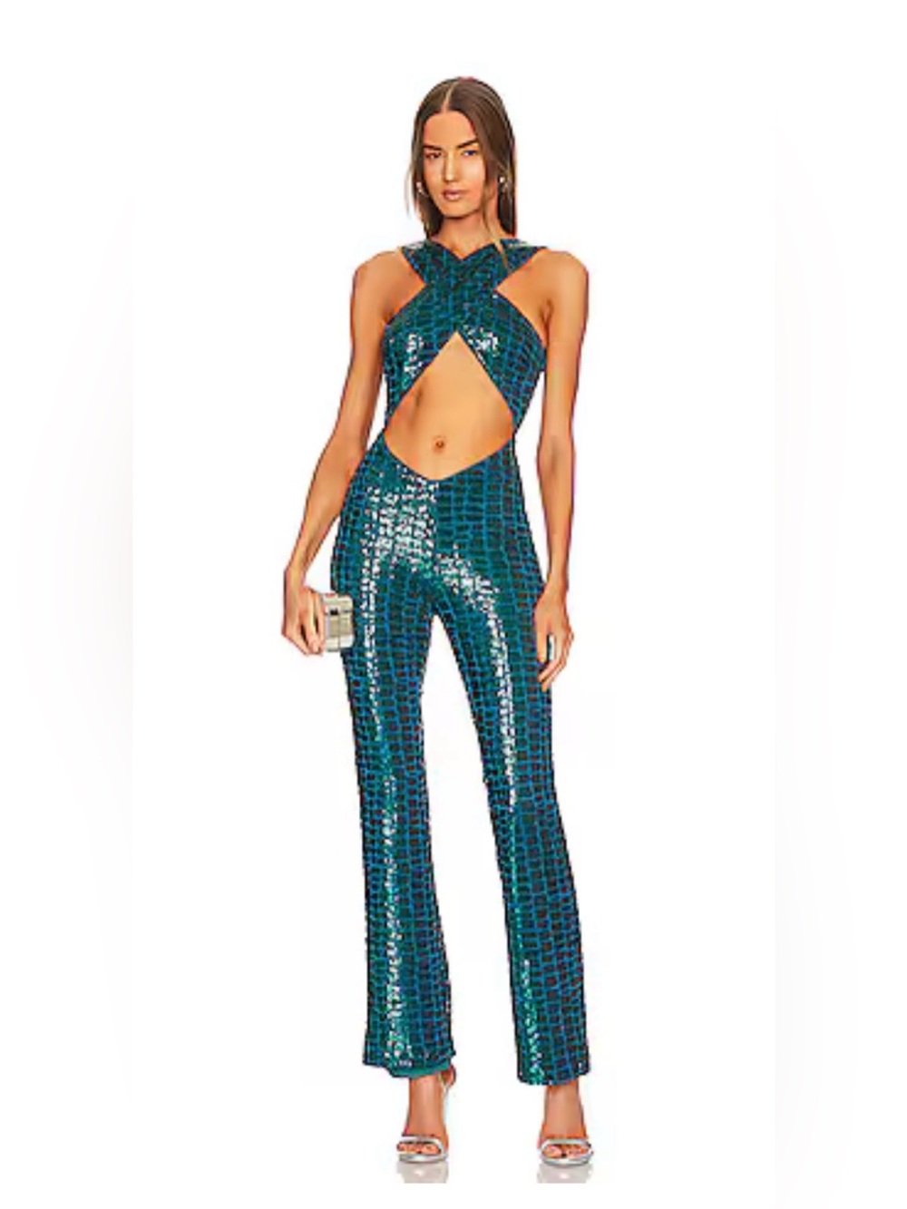 Michael Costello x Revolve Livie Sequin Jumpsuit Small Teal Sample Sale As Is